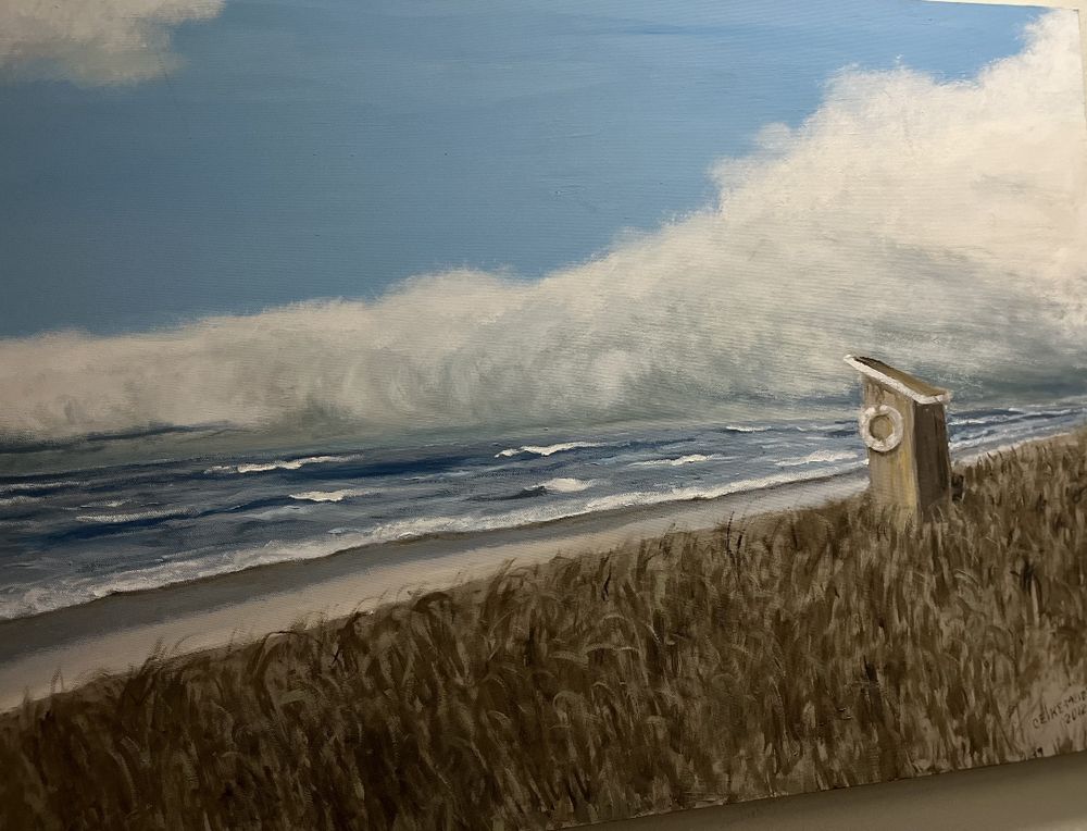 Painting of beach scene and dune.