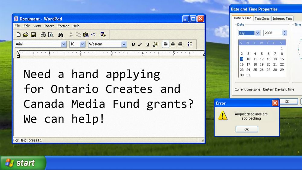 An array of different applications open on an Windows XP UI. Need a hand applying for Ontario Creates and Canada Media Fund grants? We can help.