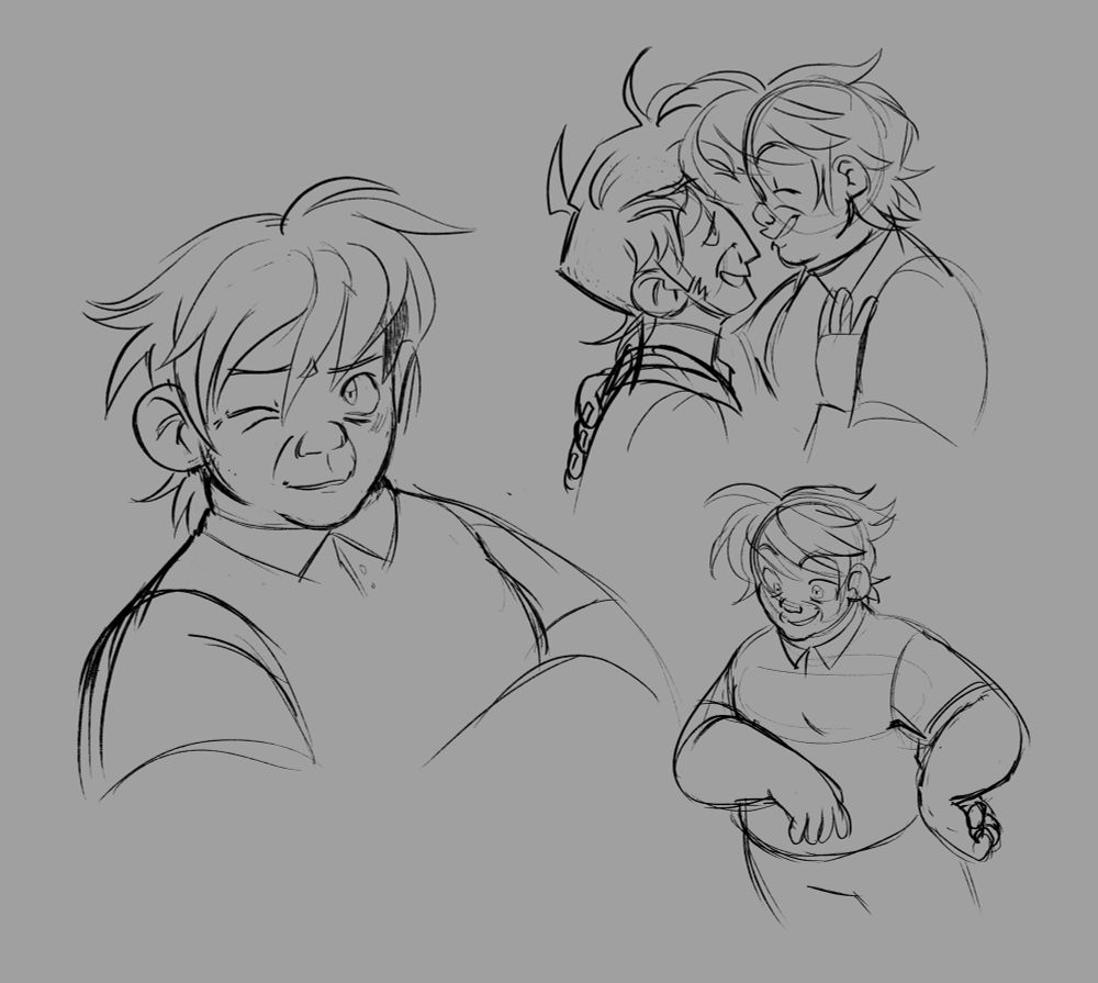 Sketches of a trans man who is soft and round, shaped like a friend. Two sketches of him are him alone, the other is with his husband, as they hold each other close. 