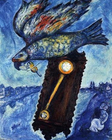 Tableau de Chagall. Le temps n'a pas de rives. Dominantes de bleu. Un fleuve, une citée, sur les berges. Un couple d'amoureux sur la rive, droite, bas du tableau. Une comtoise qui marque 18h45, elle flotte dans l'air, au dessus de l'eau. Un poisson ailé, aux écailles colorées, joue du violon pour les amoureux ... Le temps s'arrête quand on aime 
; )