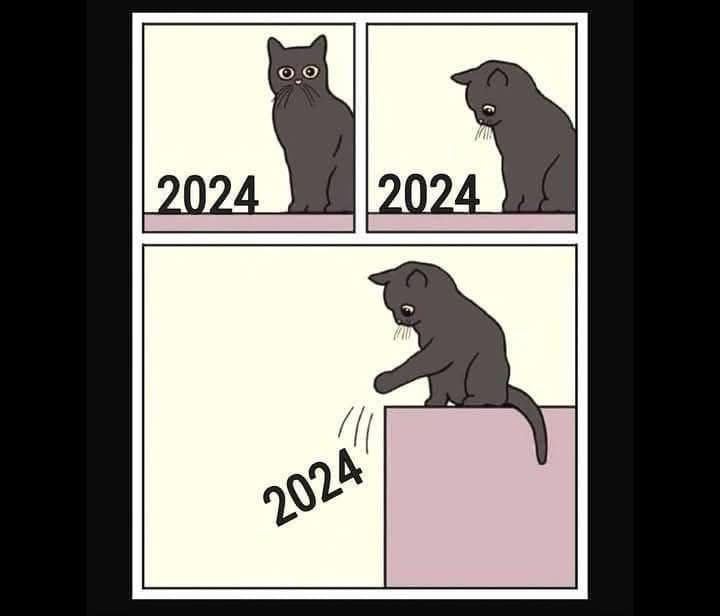 A black cat looking at the numbers 2024 and thinking about, then pushing them off the edge.