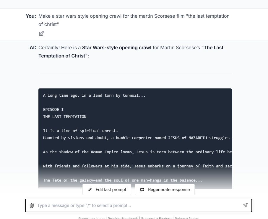I asked chatGPT to make a star wars style opening crawl for the film "The Last Temptation of Christ".  Is it really episode one though?