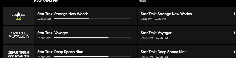 What's playing on the hot & cold running free Star Trek streaming service? Voyager.  OK.  DS9, excellent.  Strange New Worlds!  Get the Star Trek to the people!  On all services.  