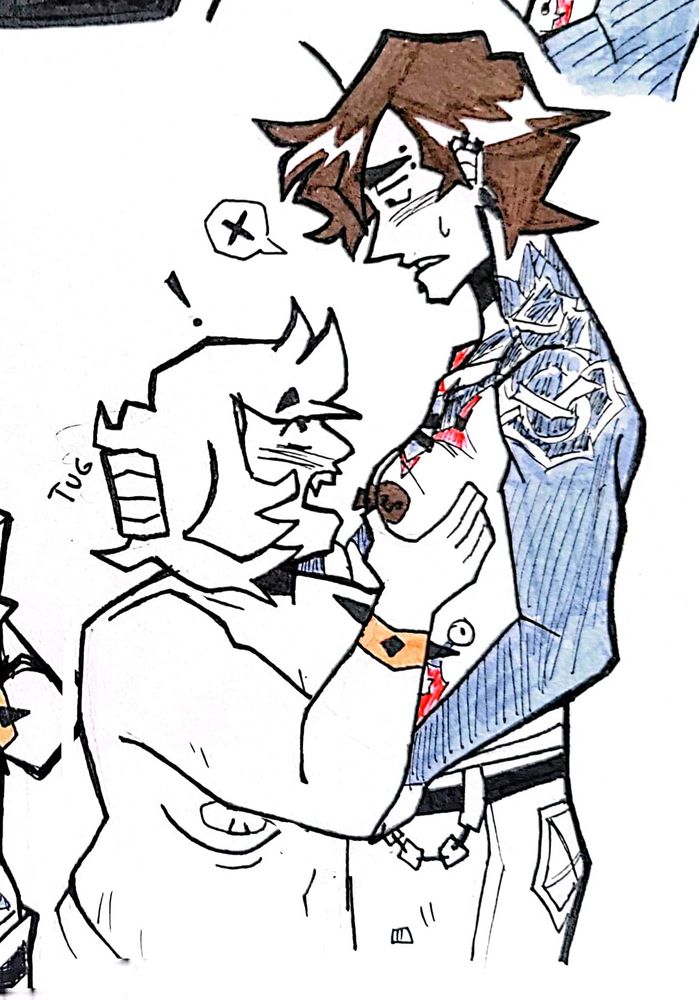 They're both shirtless now. Georgia is knelt down and about to bite Jade's breast. Jade gently tugs her away by the hair, not wanting to be bit there.