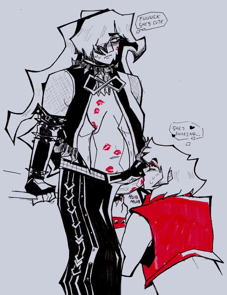 An ink drawing of Luka Megurine (her hagane fanloid design) and Meiko. Luka's top is open in the front, letting her breasts hang freely. A trail of red lipstick marks trail down her chest and stomach. She's wearing a strap-on under her skirt that Meiko is on her knees kissing while massaging her cunt through her underwear. Luka glances off to the side with her features crinkled, thinking "fuuuck, she's cute..." Meiko looks up at Luka lovingly, thinking "she's shaking..."