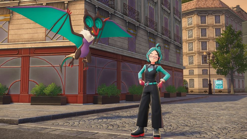 A pokemon trainer dressed in colors similar to their noivern