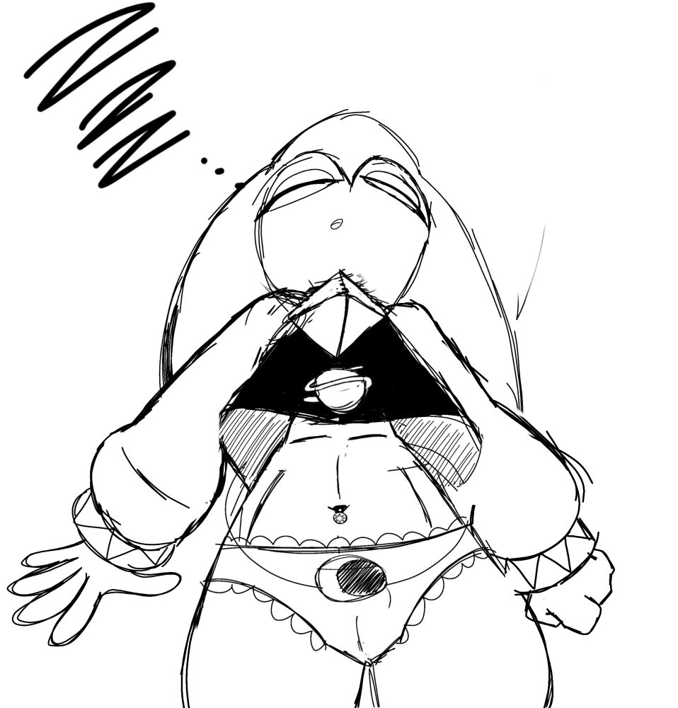 NiGHTS sleeping on the bed (or floor, idk if she has a bed) while in her moon-logo'd panties + a cropped (and sleeveless probably) black shirt that has a SEGA Saturn logo on it; she's also wearing a belly button piercing that resembles an Ideya