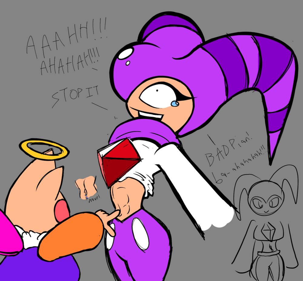 a doodle depicting a Nightopian poking NiGHTS' ticklish bellybutton while the second sketch in the lower right corner shows NiGHTS in pjs while wearing their bellybutton ring