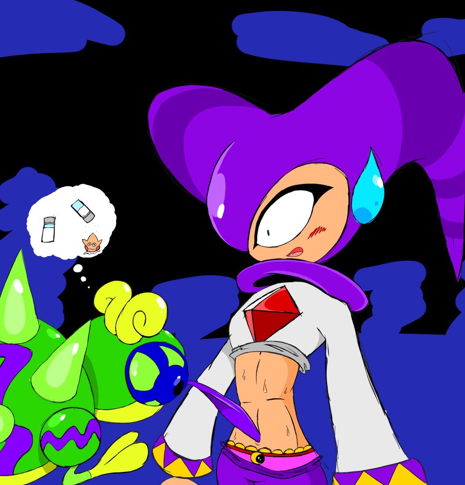 A Verol (one of the enemies in Soft Museum in NiGHTS Into Dreams) licking NiGHTS' belly button (it probably need cleanjng anyways), suspecting it tastes a bit like salted Nightopians (since 3rd Level Nightmarens are known for eating Pians), much to NiGHTS' shocked and confused expression.

Additionally, her pink and yellow vest is missing, her white shirt is pulled up while a bit of the lower part of her attire is pulled down, showing her pink-colored panties with a moon logo on it.