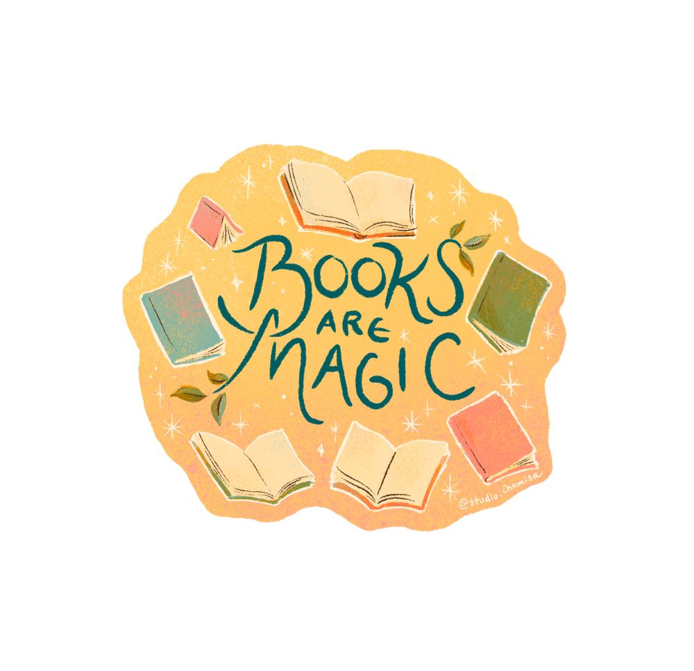 Hand lettered text reads "books are magic" surrounded by floating books and sparkles