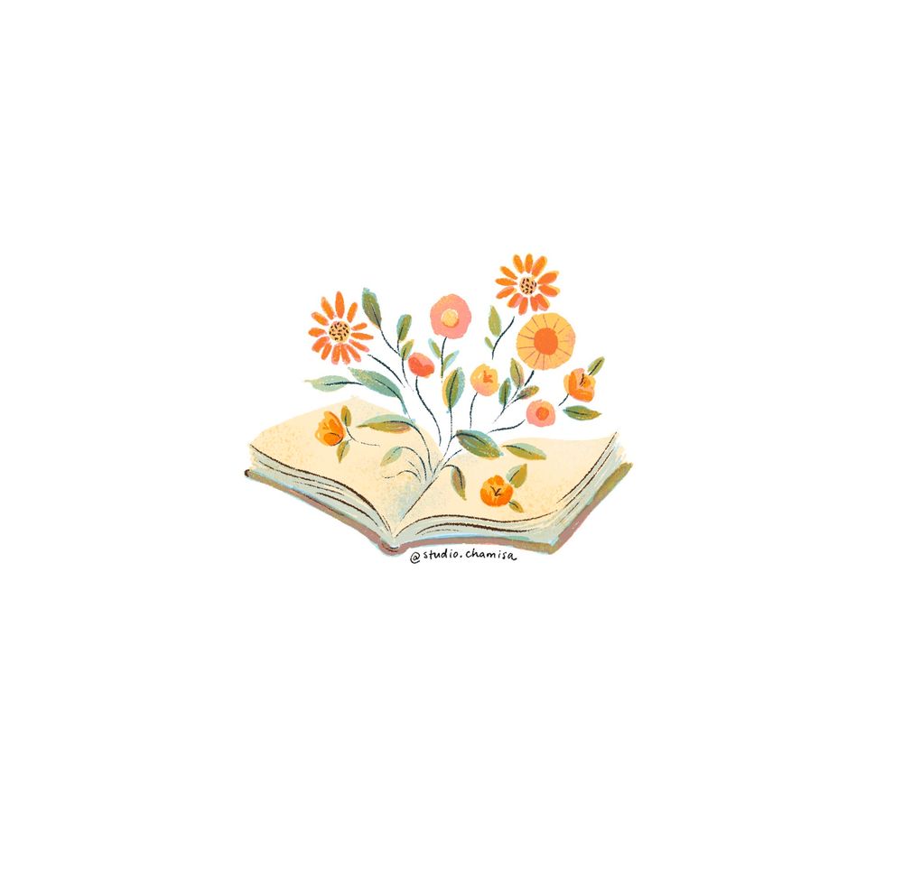 Illustration of flowers growing from an open book