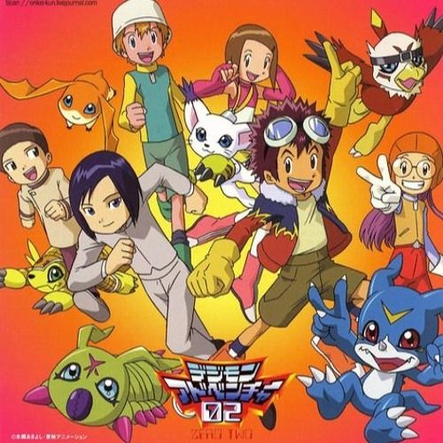 Niños Elegidos de Digimon Adventure 02 y sus Digimon, sonriendo mientras corren hacia delante (o hacen poses en el caso de Daisuke y Miyako (?))