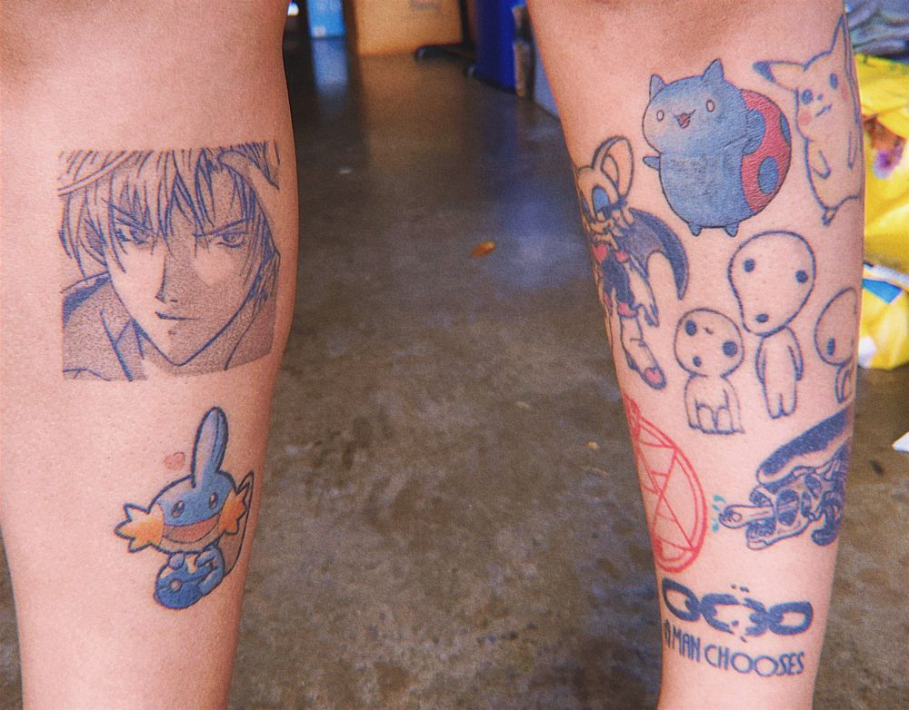 Photos of my left and right calf tattoos

On the right leg: Eiri Yuki from Gravitation and Mudkip holding a Dive Ball

On the left leg: Rouge the Bat, Catbug, Pikachu, Kodamas, a classic Xenomorph, Roy Mustang's transmutation circle, and a broken chain link with lettering beneath that reads 'A man chooses'