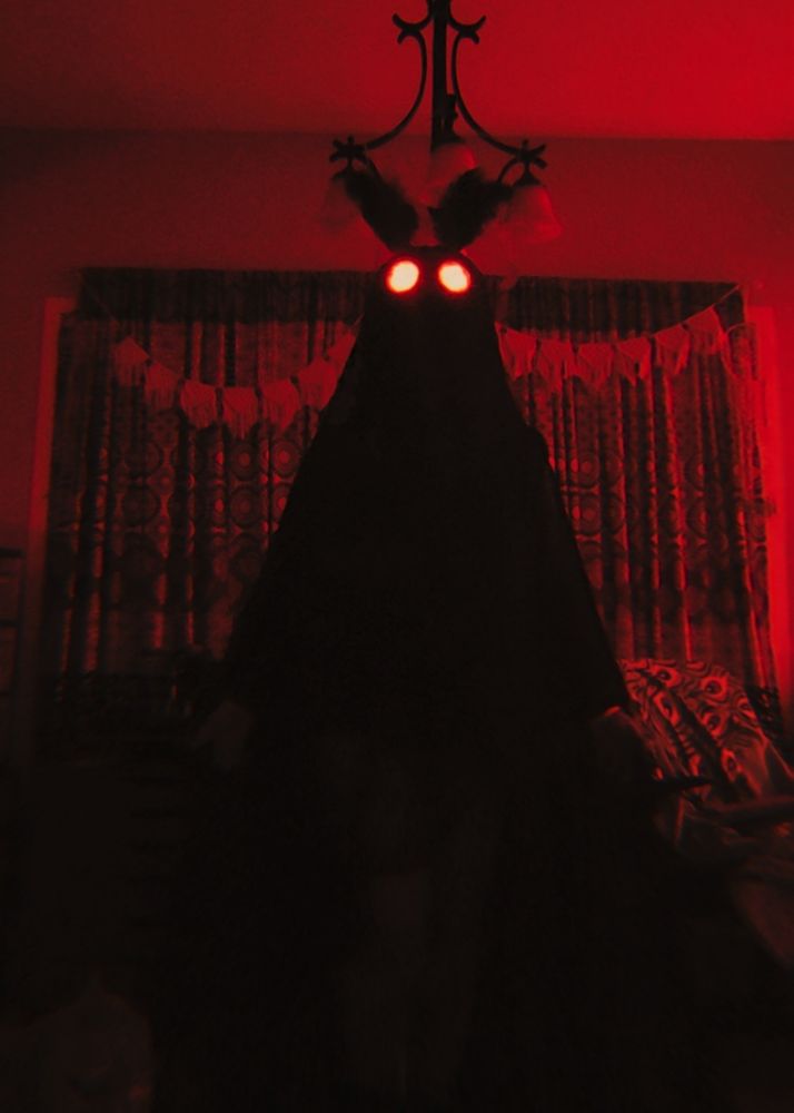 ME IN A MOTHMAN COSTUME WITH OMINOUS BLACK LIGHTING