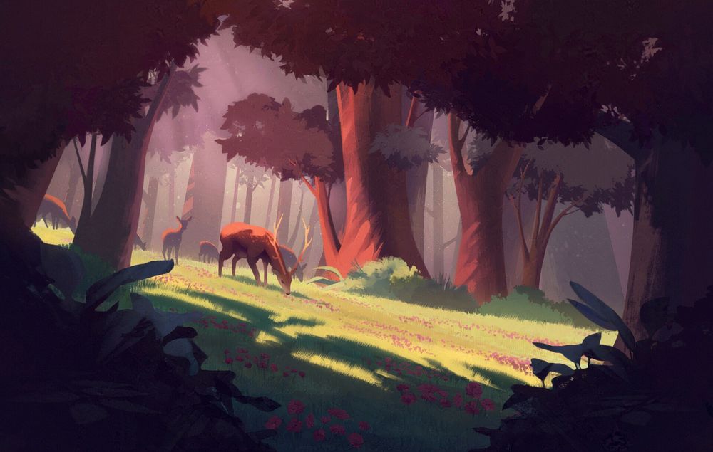 A digital painting of an antlered deer grazing on a grassy field in a forest. Dappled sunlight shines through the trees overhead, illuminating the deer as it stands in a clearing with scattered, red flowers.