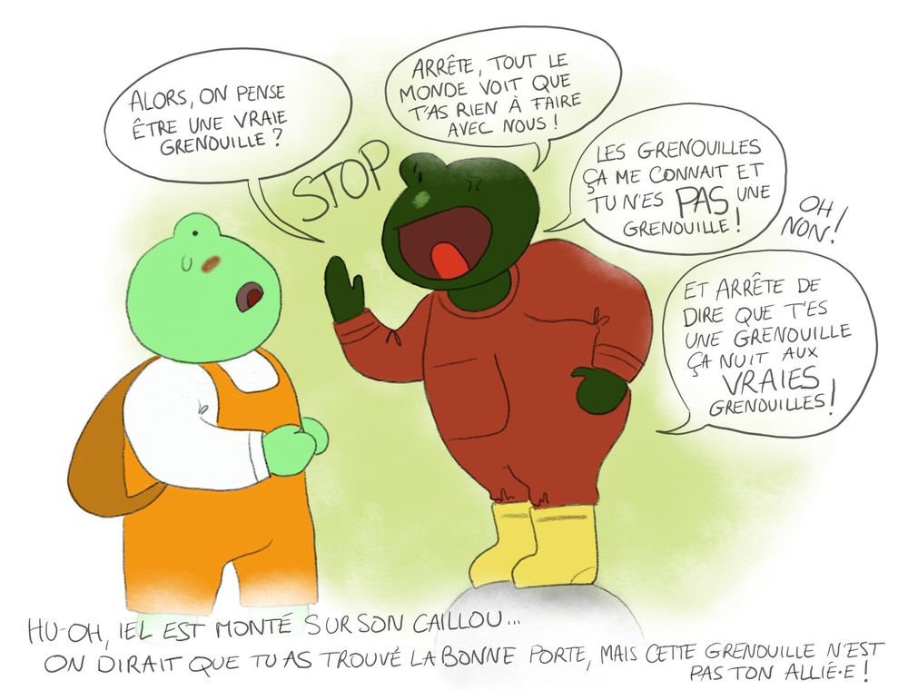 Hu-oh, iel est monté sur son caillou, c’est jamais bon signe... 
On dirait que tu as trouvé la bonne porte, mais cette grenouille n’est pas ton alliée !