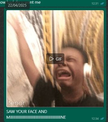 Captura de un WhatsApp del 22 de abril donde se ve el mismo gif de un chico con cascos cantando a gritos al cielo, junto con el mensaje "Saw your face and mine!" 