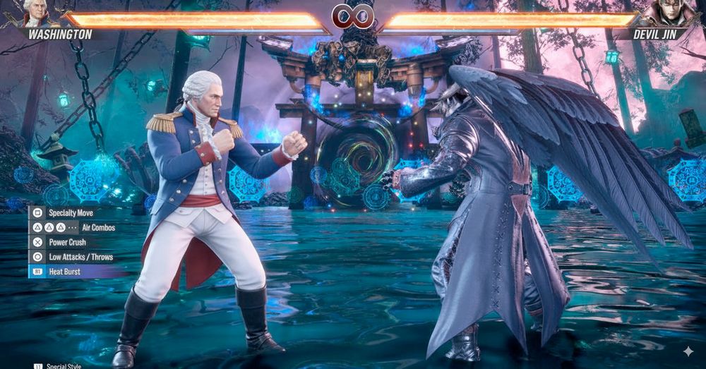 A screenshot of Tekken 8 with George Washington on the left wearing american revolutionary garb, facing off against Devil Jin on the right