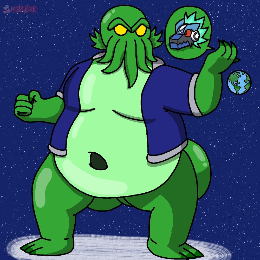Cthulu with a blue robe lined with silver, a massive belly, a wide belly button, and a fat ass holding Omega-Xis's disembodied head in his hand. The planet Earth can also be seen near the back of Cthulu's left hand.