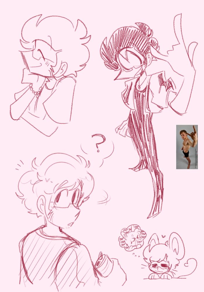 various sketches of niche internet microcelebrity voice actor e.g. simmons 

(1. smiling with a hand on their chin, 2. doing the 🤟 as inspired by a pose reference photo, 3. turning their head with a can in their hand, 4. e.g. with rat ears + a tail daydreaming about their bunny-eared partner who doesn't stop yapping)