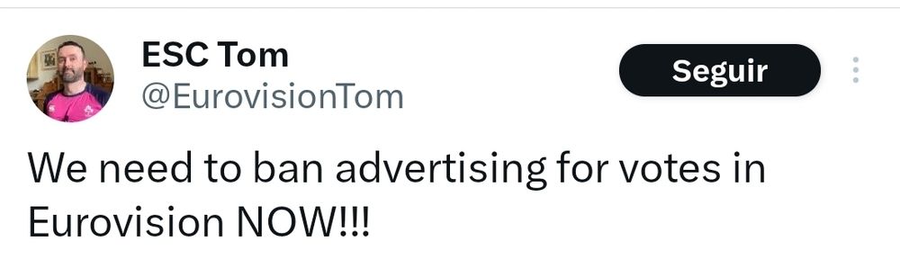 Tweet de @eurovisiontom que diz: "Nós precisamos banir anúncios para votar na Eurovision AGORA!!!"