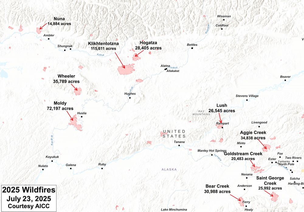 Map of central and northwest Alaska showing 2025 analyzed wildfire perimeters as of July 23, 2025. Also shown on the map are community locations and major rivers.