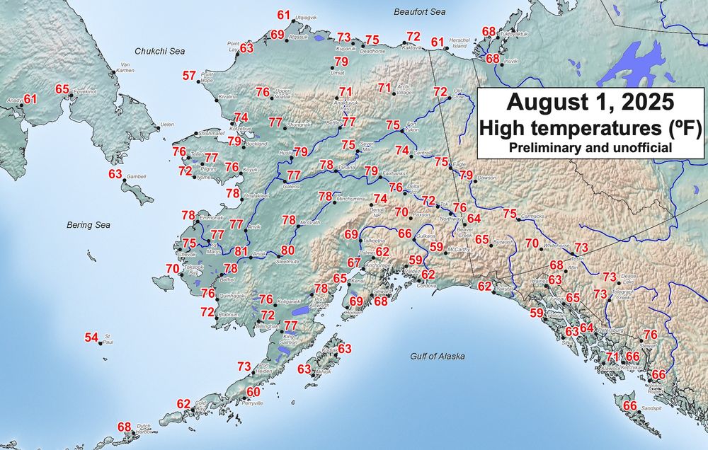 Map centered on Alaska showing site-specific high temperatures (ºF) on Friday, August 1, 2025. Plotted temperature range from 54F at St. Paul to 81F at Aniak.