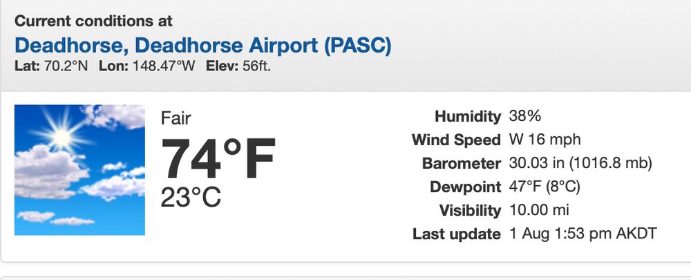 Screenshot showing the 2pm AKDT weather conditions at the Deadhorse Airport on August 1, 2025.