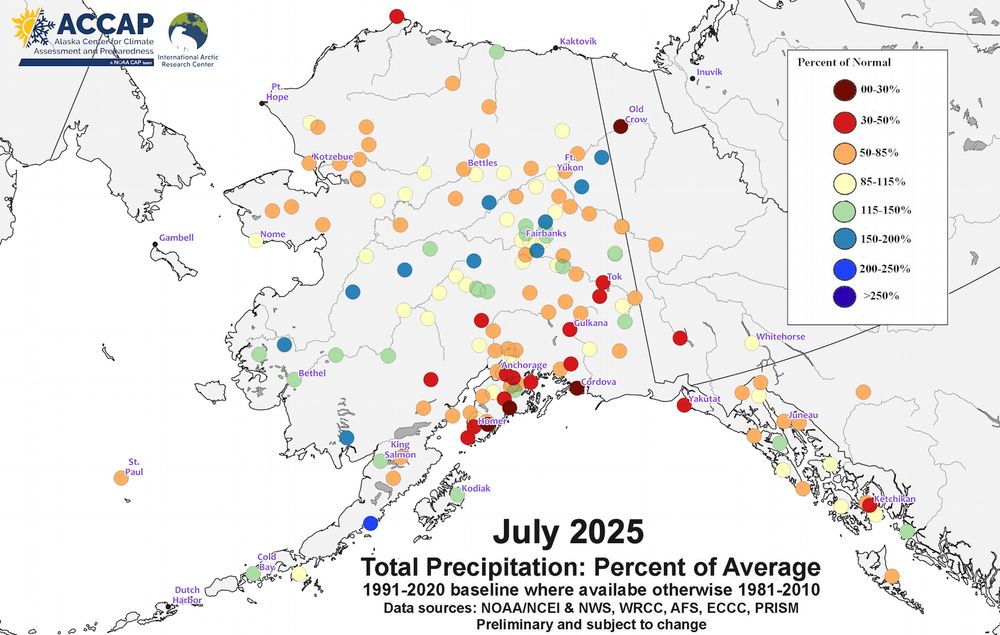 Map showing July 2025 color coded point-based total rainfall as a percentage of the long term average.