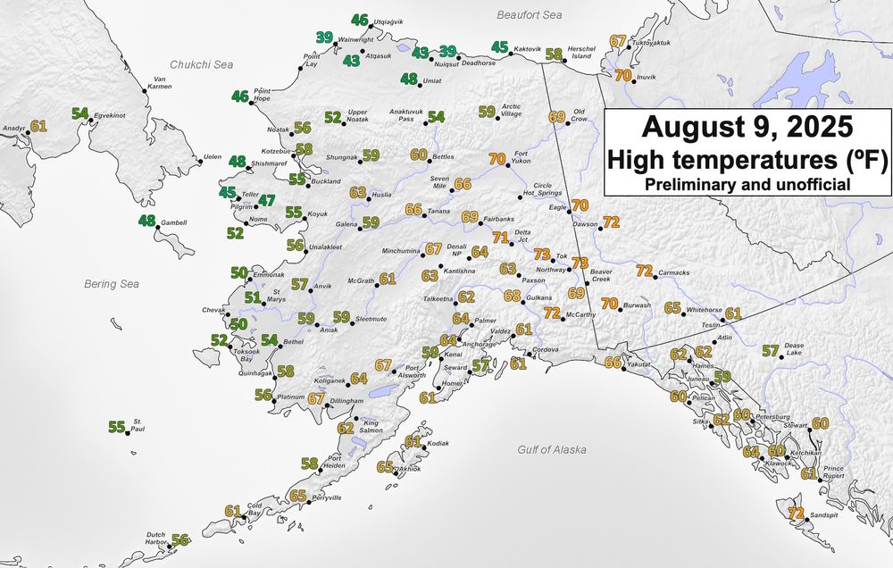 Map centered on Alaska showing site-specific high temperatures (ºF) on Saturday, August 9, 2025. Plotted temperature range from 39F at Wainwright to 73F at Tok and Northway.