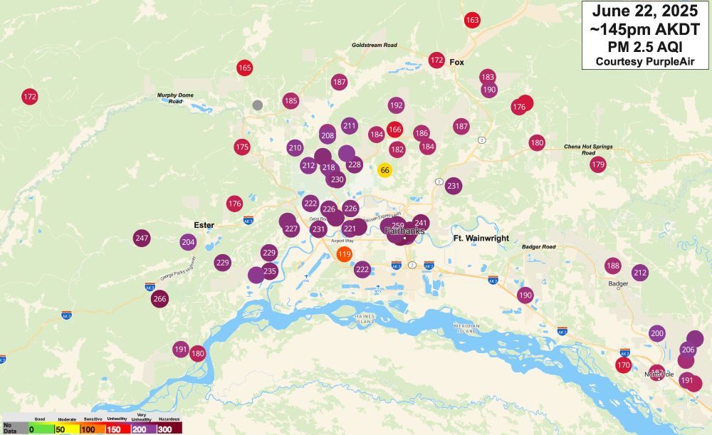 Map of the Fairbanks, Alaska area showing PM 2.5 AQI values as of about 145pm Sunday, June 22, 2025.