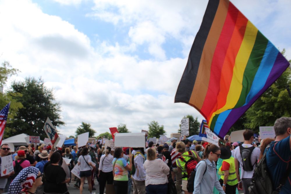 A mass of protesters at the No Kings rally in Atlanta stand in the bottom third of the frame. A pride flag dominates the right third of the frame. 