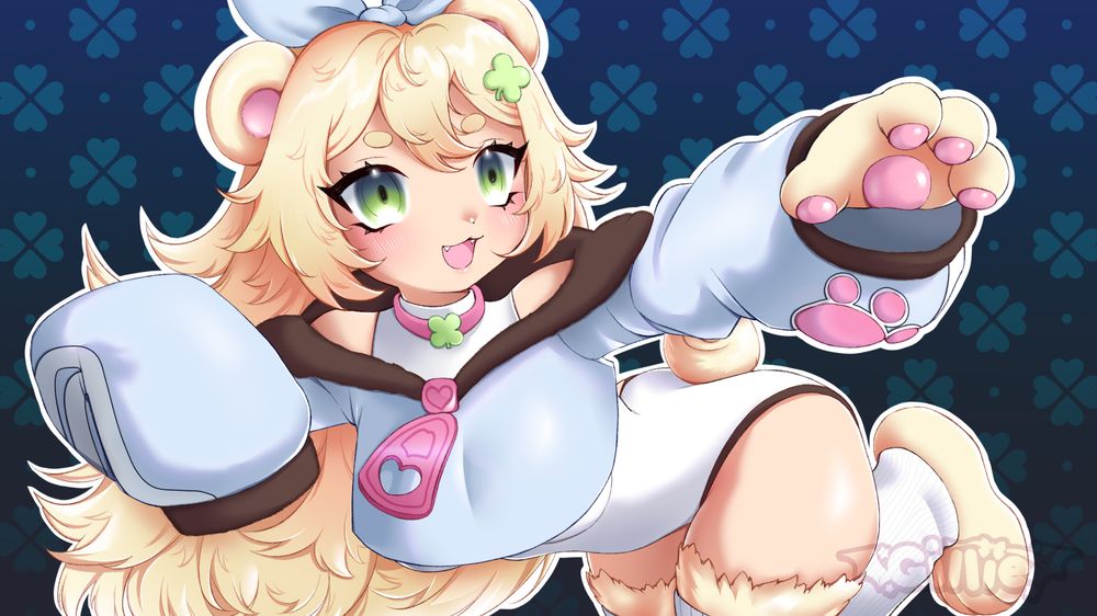 Splash-style art of LileeTea's new vtuber design.  She is a humanized teddy bear, with long blonde hair, bear ears/paws/feet.  She has green eyes and wears accessories with clovers on them.  She is smiling, her arm up like she is reaching for something.