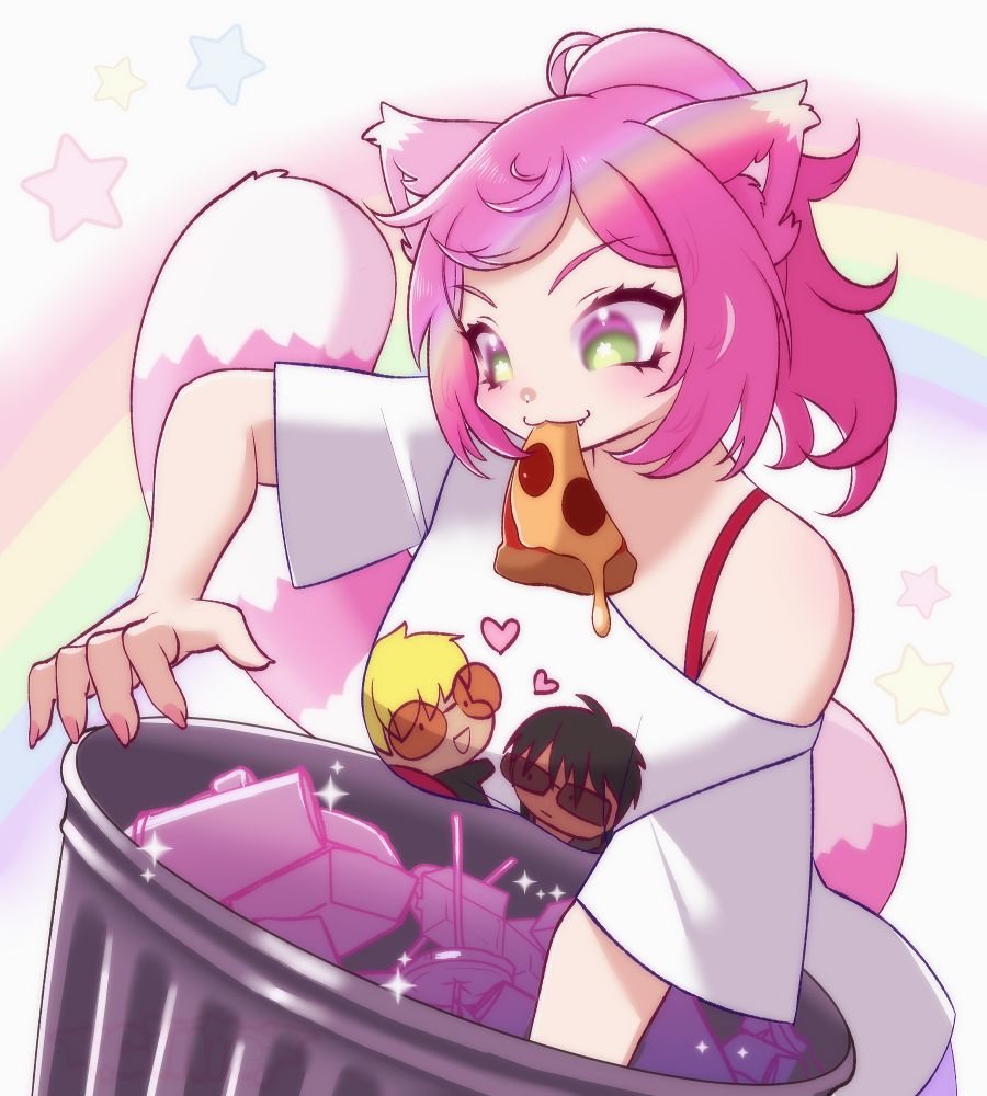 A tanuki girl with pink hair is digging through a can of sparkly trash.  There is a piece of pizza hanging from her mouth, with a rainbow in the background.