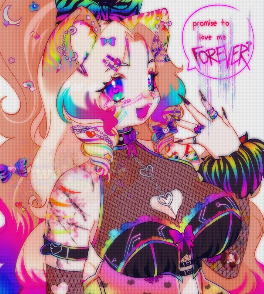 A bust-up drawing of a vibrant, RGB rainbow tiger girl, with circuitry accents indicating she is a malware program!  She has split-dye hair with light blonde and dirty blonde on the other side.  She asks, "Promise to love me forever?"