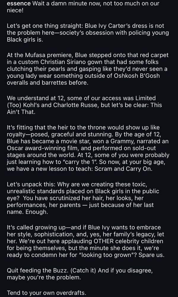 A screenshot of a post written by Essence in defense of Blue Ivy and her parents Beyoncé and Jay Z