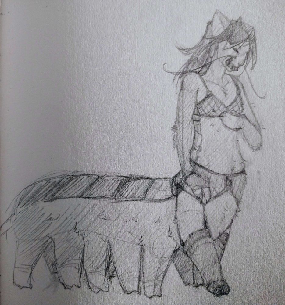 A pencil illustration of heckacentipede's "centitaur" [centicat centaur] in fishnet lingerie. She is standing in profile facing the right and has long black hair with white tips, cat ears, a buggy face, centipede whisker antennae, and a light covering of fur. She has 6 sets of legs on her centipede half, wearing nylon stockings on her first set of legs.