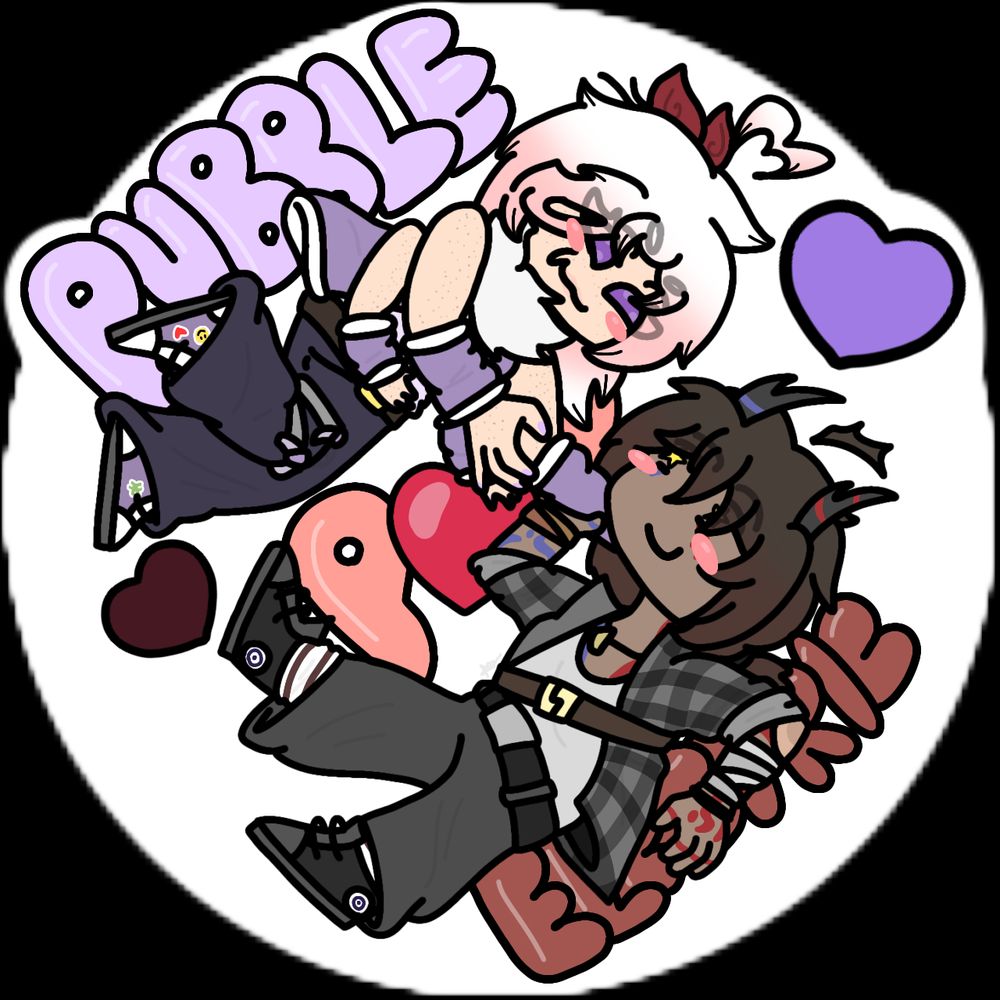 a doodle of two characters: Klarine, floating on top, and Leoh, falling on the bottom. Klarine is reaching out for Leoh as they're both blushing. There are hearts behind them and a text saying "Bubble Pop Electric", quoting the song with the same name.