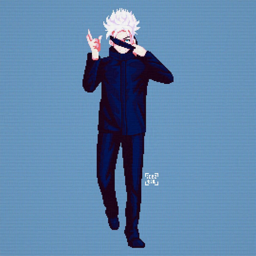 A pixel fan art drawing of Gojo Satoru half-opening his blindfold