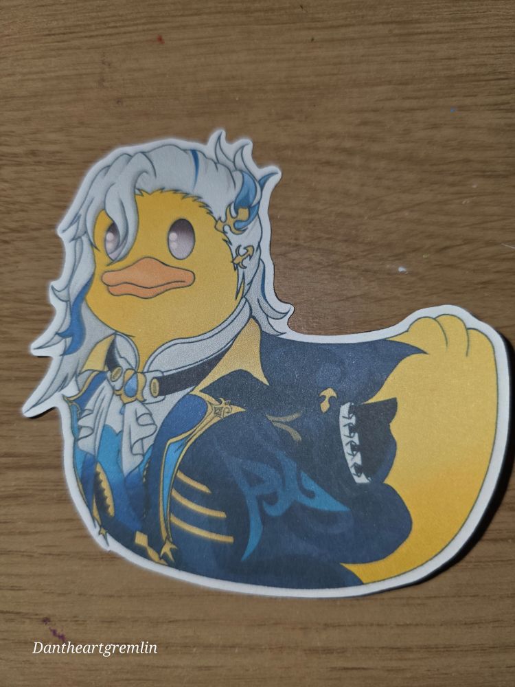 A rubber duck sticker made to look like the character neuvillette from genshin impact.