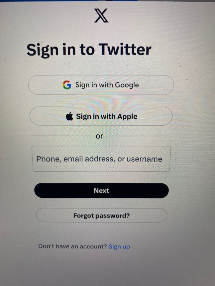 Picture of the “X” log in page showing the “X” logo but still saying “sign in to Twitter”