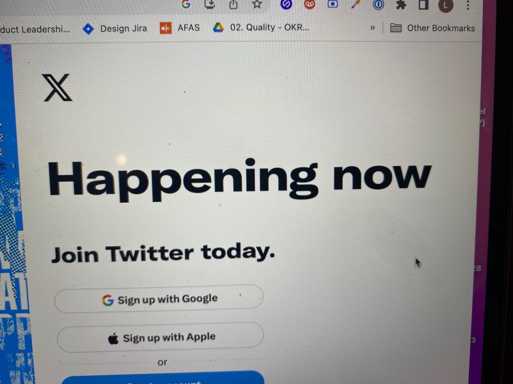 Picture of the “X” entrance page showing the “X” logo but still saying “join Twitter today”