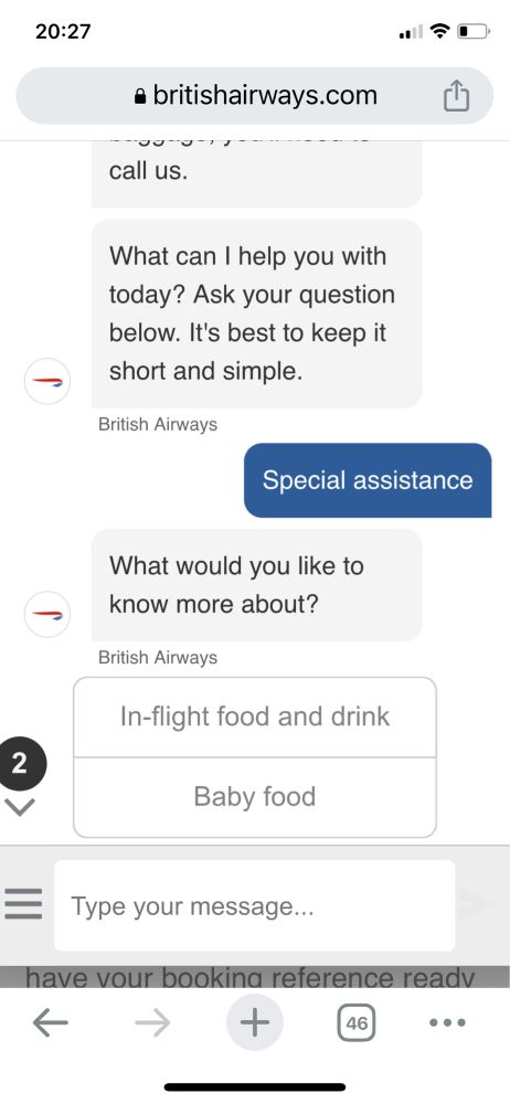 British airways bot being asked about “special assistance” and responding with “what would you like to know more about? In flight food and drink, or baby food?”