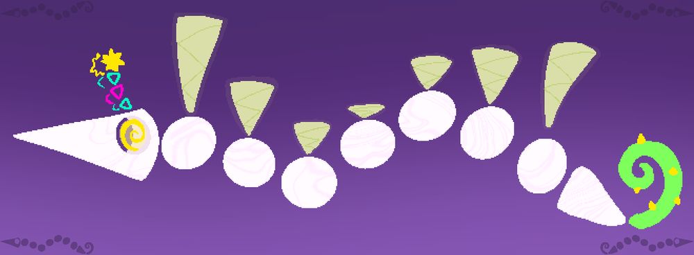 weird worm dragon thing, its body segments are spherical and detached from each other, each segment has floating wings, and the head is conical with spiral eyes and antennae made from neon shapes