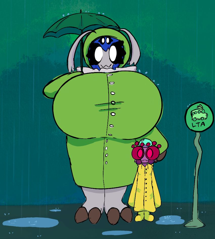 leech and bug in the rain, standing at a bus stop. leech is too big for her umbrella to block the rain, but luckily bug is shielded from the rain by leech's chest.