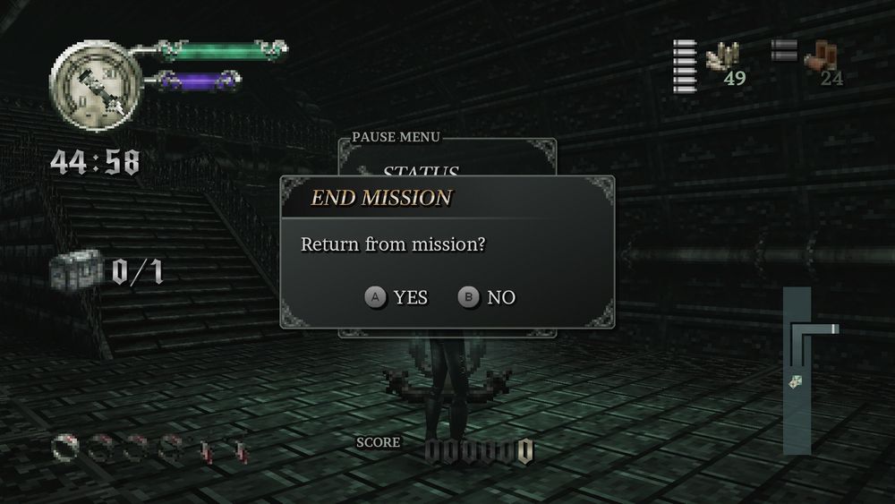 Gunmetal Gothic screenshot showing the pause menu and the “Return from mission” prompt, high-res.