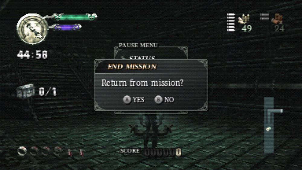 Gunmetal Gothic screenshot showing the pause menu and the “Return from mission” prompt, low-res with CRT effect.