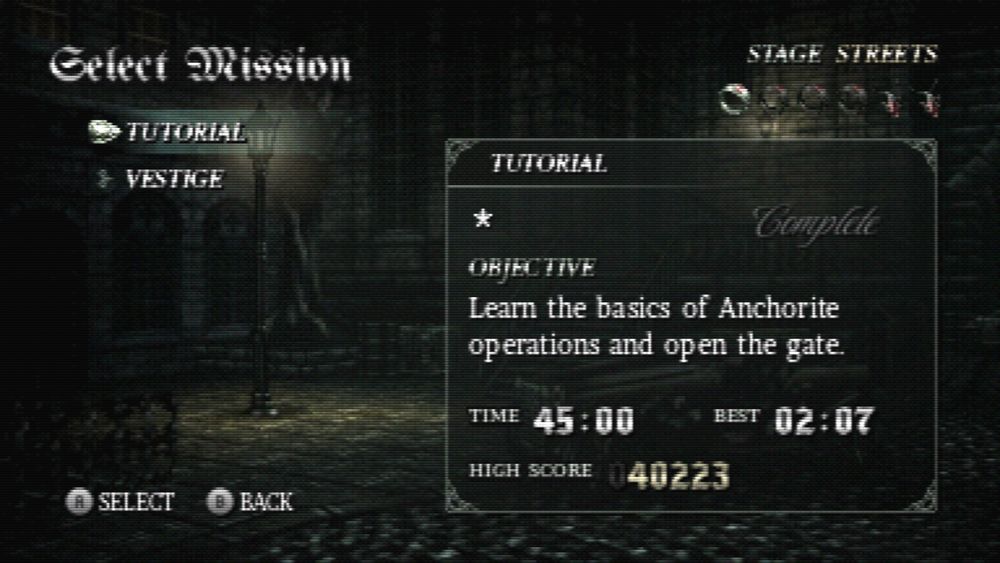 Gunmetal Gothic screenshot showing the Select Mission menu, low-res with CRT effect.