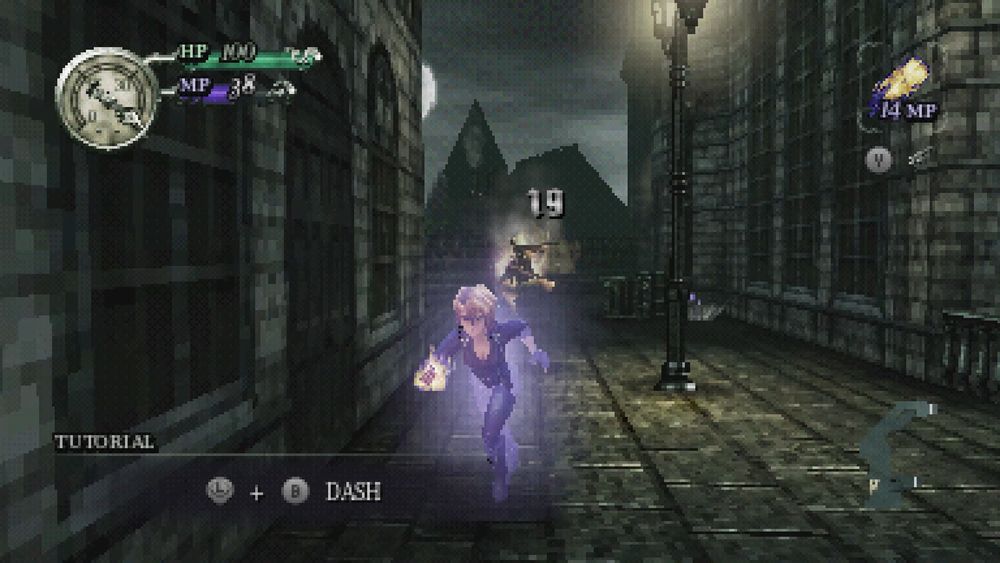 Gunmetal Gothic screenshot, low-res.  Message showing “Tutorial, L (stick) + B (button) Dash”