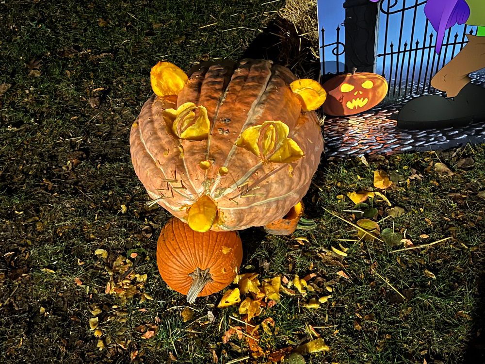 A large carved pumpkin styled to resemble a mouse, with added pumpkin pieces forming ears, eyes, and a nose. It sits on grass beside a smaller pumpkin and a Halloween-themed board with cartoon illustrations.